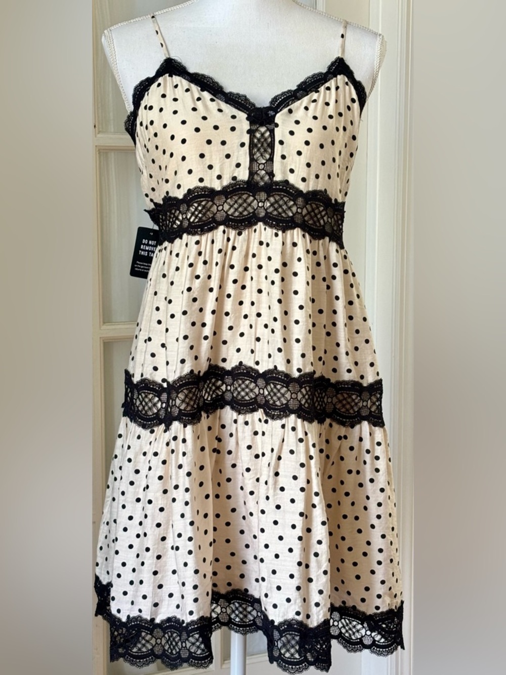 Polka Dot Lace Mini Dress NWT Cream Black Romantic Coquette Cottagecore Size L